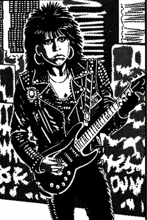 (TheOldShadowrunStyles:1.0) a punk Suzi Quatro, gun, city ,detailed