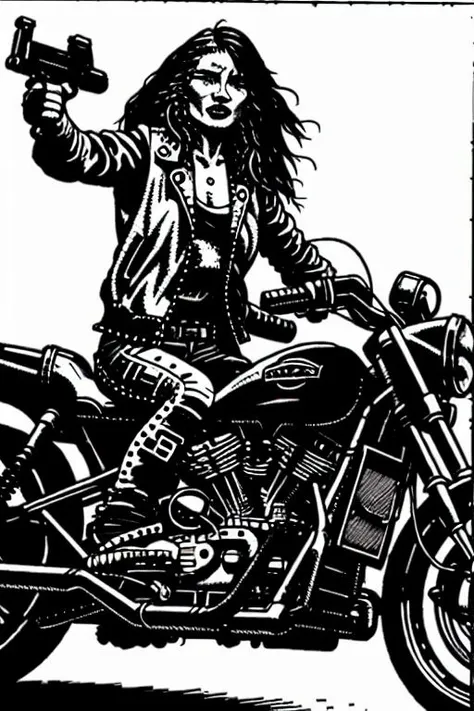 TheOldShadowrunStyles (TheOldShadowrunStyles:1.0) a cyberpunk girl, with tattoos and guns on a motorbike