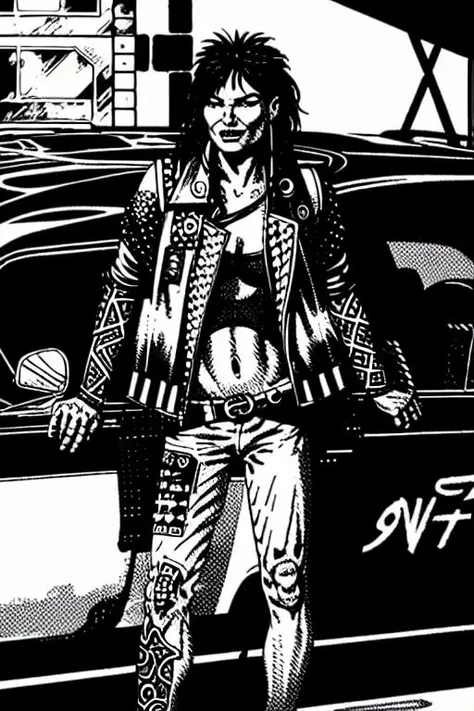 TheOldShadowrunStyles (TheOldShadowrunStyles:1.0) a cyberpunk girl, with tattoos and guns in a car