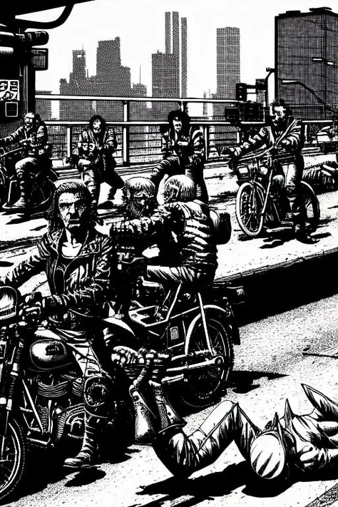 (TheOldShadowrunStyles:1.0) a cyberpunk gang on bikes von the sci-fi freeway