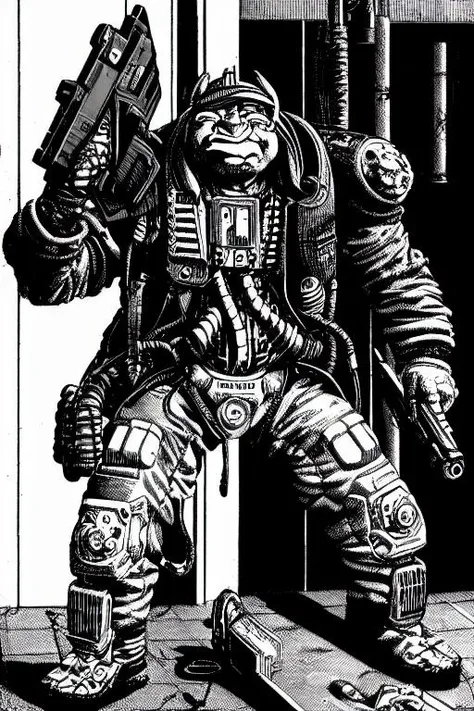 (TheOldShadowrunStyles:1.0) a cyber punk troll holding a gun,