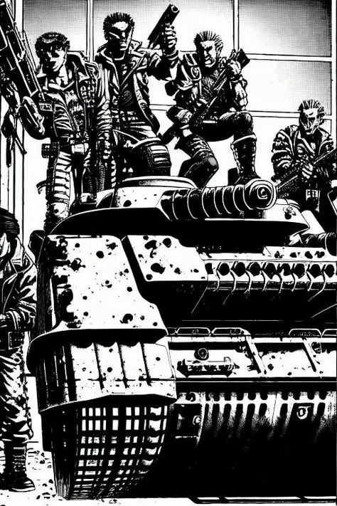 TheOldShadowrunStyles (TheOldShadowrunStyles:1.0) a cyberpunk gang on a tank