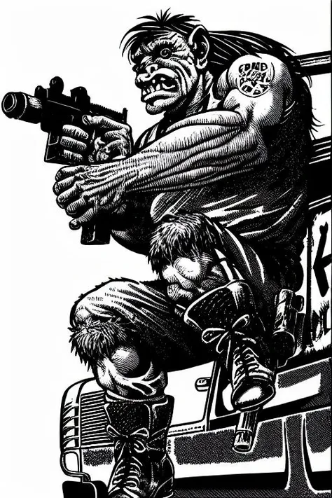 (TheOldShadowrunStyles:1.0) a cyberpunk troll holding a gun, on a truck