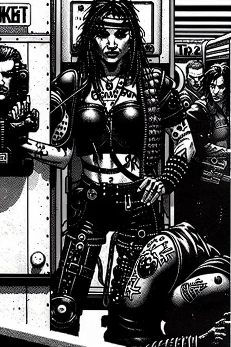 TheOldShadowrunStyles (TheOldShadowrunStyles:1.0) a 1boy cyberpunk copy in armour and a sexy tattoo 1girl in teh subway