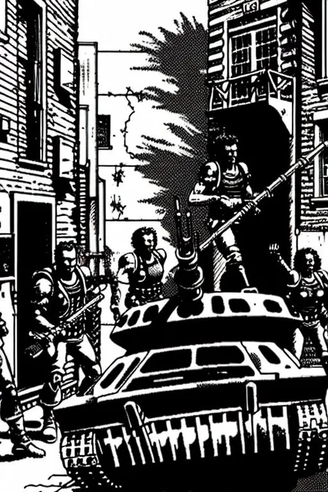 TheOldShadowrunStyles (TheOldShadowrunStyles:1.0) a cyberpunk gang on a tank in a backstreet