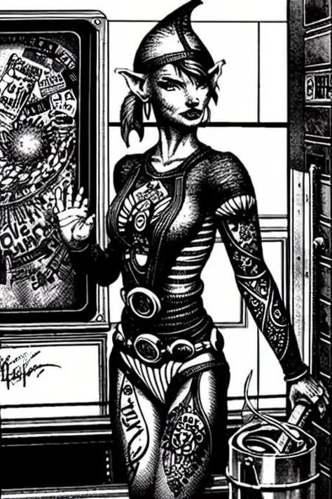 (TheOldShadowrunStyles:1.0) a cyber Elf and a tattooed woman in a subway