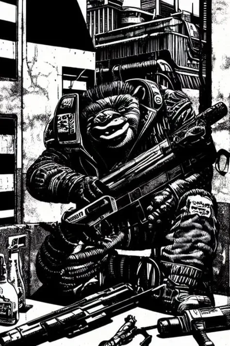 (TheOldShadowrunStyles:1.0) a cyber punk troll holding a gun,