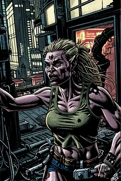 <lora:theOldShadowRunStyles_1990sV10_LoRA:1> a cyberpunk woman in a fight in the dark city and a tank and orcs theOldShadowRunStyles