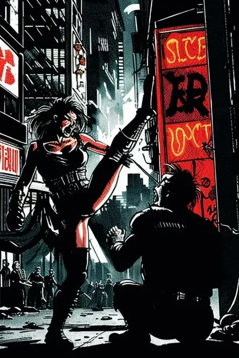 <lora:theOldShadowRunStyles_1990sV10_LoRA:1> a cyberpunk woman in a fight in the dark city theOldShadowRunStyles