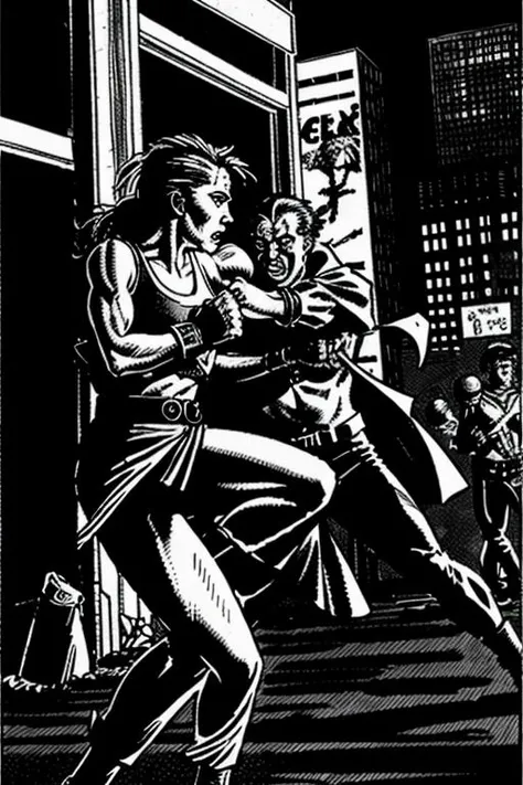 <lora:theOldShadowRunStyles_1990sV10_LoRA:1> a woman in a fight in the dark city  theOldShadowRunStyles