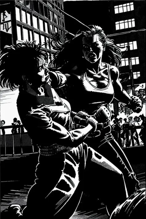 <lora:theOldShadowRunStyles_1990sV10_LoRA:1> a woman in a fight in the dark city  theOldShadowRunStyles