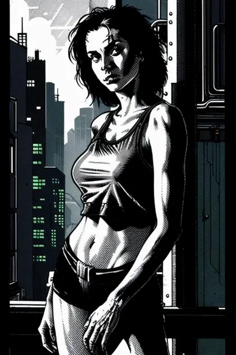 <lora:theOldShadowRunStyles_1990sV10_LoRA:1> a cyberpunk chrome girl in the dark city and a tank theOldShadowRunStyles