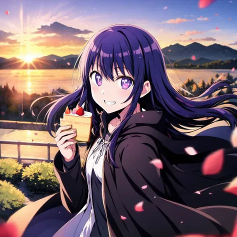 <lora:aiHoshinoLycorisOshiNoKo_v25:0.55>, ai hoshino, purple eyes,  eyes, sunrise, hair blowing, grin, mountains, petals, looking at viewer, (solo:1.1), depth of field, cloak, cape, black cloak, cake