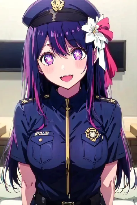 masterpiece,best quality,1girl,solo,ai hoshino,animescreen cap,upper body ,((tight police uniform)),(Background full of flowers, flowers in full bloom,colorful flower), <lyco:aiHoshinoLycorisOshiNoKo_v25:0.75>