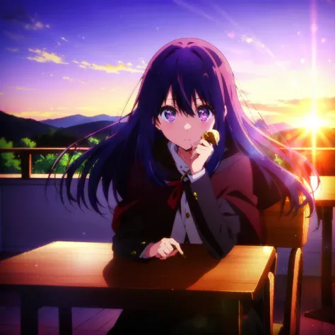 <lora:aiHoshinoLycorisOshiNoKo_v25:0.5>, ai hoshino, purple eyes, eyes, sunrise, hair blowing, (cringe:1.3401),, magical school, silhouette, looking at viewer, (solo:1.1), depth of field, cloak, cape, black cloak, ice cream, <lora:kyotoAnimation_v10:0.6>, Kyoto Animation screencap, anime screencap, table, sitting on a chair, class, holding book,