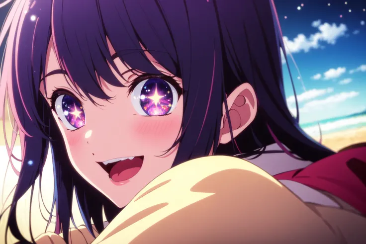 (SLE:1.2), animescreen cap,<lora:ai_hoshino_v2.5-very-hard:0.5>, ai hoshino, long hair, blush, bangs, purple eyes, bow, parted lips, black hair, ahoge, hair bow, multiple pink bows,, ((masterpiece, best quality)), full body, starry eyes, white cloak with line printed gold, white shirt, white pants, BREAK Yellow streaks BREAK (cinematic light:1.1),best quality,masterpiece, an extremely delicate and beautiful, extremely detailed, finely detailed, detailed face, detailed eyes, beautiful detailed eyes, (soft focus:1.2), ((upper body, from front,), an extremely delicate and beautiful), BREAK High contrast, looking at viewer, floating hair, starry, strry light,colorful, cloud, white, blue, red, yellow,green, blue,purple,orange,,starry, sky,colorful,halftone ,light_particles, (extremely detailed CG unity 8k wallpaper, masterpiece, best quality, ultra-detailed, best shadow), BREAK 1girl solo, outdoors, flashlight, clear sky, sunset, clouds, (smile:1.1), open mouth <lora:kyoto animation_artstyle_LoCon:0.4>