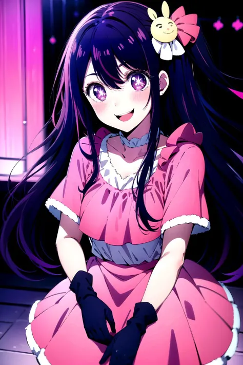 absurdres, highres, best quality, <lora:ai_hoshino_v2.5-very-hard:0.7> hoshino_ai_(oshi_no_ko), 1girl, solo, dress, long hair, gloves, smile, pink dress, pink gloves, purple eyes, hair ornament, looking at viewer, open mouth, purple hair, bangs, hair flower, :d, one side up, flower, sketch, blush, teeth, scrunchie, full body, 
<lora:PolychromeOUTS:1>