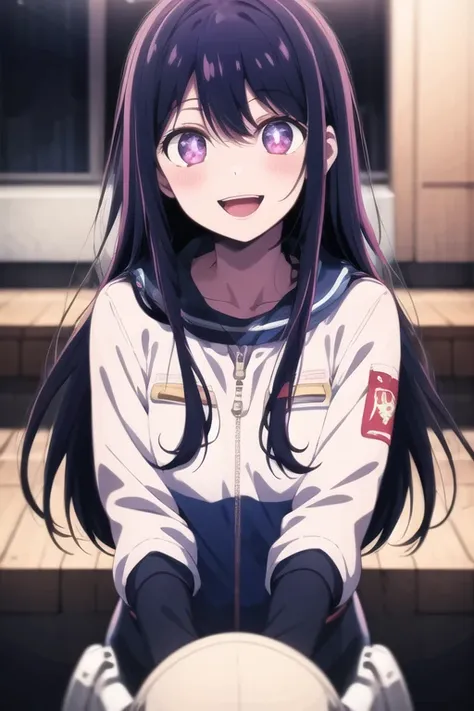 <lora:ai_hoshino_v2.5-000004:0.6>,  astronaut suit, 1girl, purple eyes, black hair, very long hair, smile, open mouth, looking at viewer, depth of field,