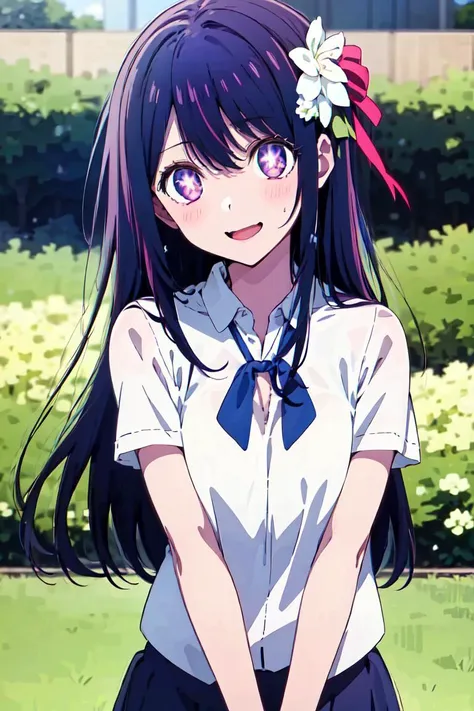 masterpiece,best quality,1girl,solo,ai hoshino,animescreen cap,upper body ,school uniform,(Background full of flowers, grass, flowers in full bloom,colorful flower),hydrangea,Lily,rose,pasqueflower, <lyco:aiHoshinoLycorisOshiNoKo_v25:0.75>