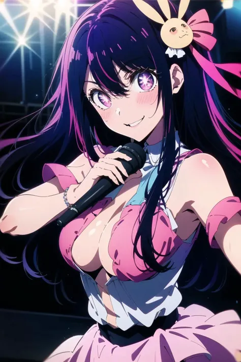 masterpiece, best quality, ultra-detailed, glistening shiny, glowing light, ray tracing, HDR, deph of field, (perfect face, detailed face, detailed eyes),(big boobs:1.2),8k,HD,ultra realistic face,ray tracing,perfect lighting,best quality, ultra-detailed, shiny eyes, (looking at viewer,seductive smile:1.1), ((1girl)), (gyaru, mature female:1.4),hourglass_body shape,
<lyco:aiHoshinoLycorisOshiNoKo_v25:0.85>, ai hoshino, long hair, blush, bangs, purple eyes, hair ornament, bow, parted lips, black hair, ahoge, hair bow, multiple pink bows,idol dress,bracelets, star accessories, microphone, grab a microphone,
((stage, idol concert, audience, spotlights)),complex background,((super detailed background)), idol poses ((8k wall paper)), ((8k wallpaper)) ,<lora:beautifulDetailedEyes_v10:0.85>