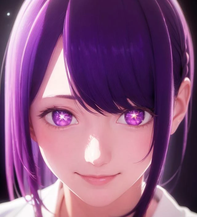 <lyco:ai_hoshino_v2.5:0.5> masterpiece, best quality, detailed, hoshino ai, purple hair, (streaked hair:0.65), (pink hair:0.5), (star in eye:1.2), mysterious smile, realistic, purple eyes, face, portrait, white pupils, mature woman