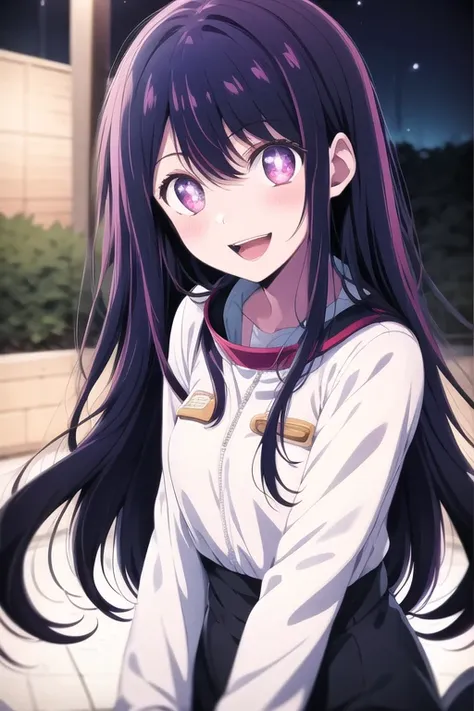 <lora:ai_hoshino_v2.5-000004:0.6>,  astronaut suit, 1girl, purple eyes, black hair, very long hair, smile, open mouth, looking at viewer, depth of field,