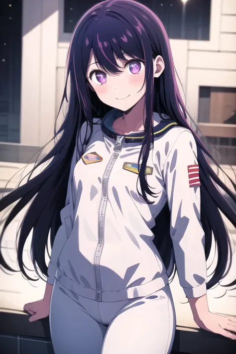 <lora:ai_hoshino_v2.5-000004:0.6>,  astronaut suit, 1girl, purple eyes, black hair, very long hair