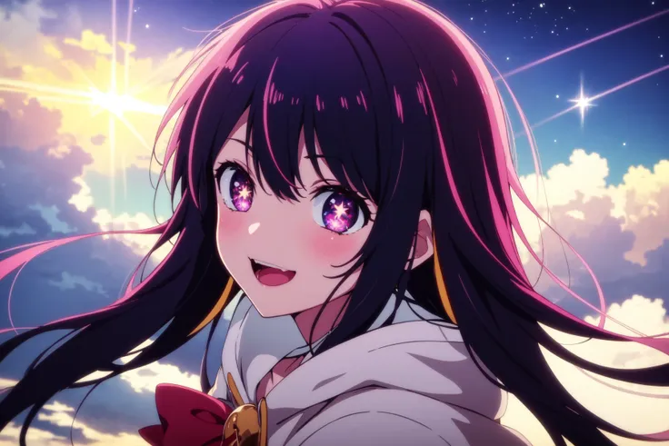 (SLE:1.2),  animescreen cap,<lora:ai_hoshino_v2.5-very-hard:0.5>, ai hoshino, long hair, blush, bangs, purple eyes, bow, parted lips, black hair, ahoge, hair bow, multiple pink bows,, ((masterpiece, best quality)), full body, starry eyes, white cloak with line printed gold, white shirt, white pants, BREAK Yellow streaks BREAK (cinematic light:1.1),best quality,masterpiece, an extremely delicate and beautiful, extremely detailed, finely detailed, detailed face, detailed eyes, beautiful detailed eyes, (soft focus:1.2), ((upper body, from front,), an extremely delicate and beautiful), BREAK High contrast, looking at viewer, floating hair, starry, strry light,colorful, cloud, white, blue, red, yellow,green, blue,purple,orange,,starry, sky,colorful,halftone ,light_particles, (extremely detailed CG unity 8k wallpaper, masterpiece, best quality, ultra-detailed, best shadow), BREAK 1girl solo, outdoors, flashlight, clear sky, sunset, clouds, (smile:1.1), open mouth <lora:kyoto animation_artstyle_LoCon:0.4>