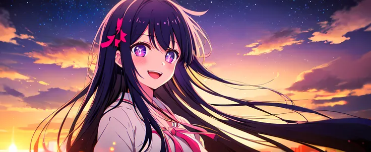 <lora:ai_hoshino_v2.5-very-hard:0.5>, ai hoshino, long hair, blush, bangs, purple eyes, hair ornament, bow, parted lips, black hair, ahoge, hair bow, multiple pink bows,, ((masterpiece, best quality)), full body, starry eyes

BREAK

Yellow streaks

BREAK

(cinematic light:1.1),best quality,masterpiece,

an extremely delicate and beautiful, extremely

detailed, finely detailed, detailed face, detailed

eyes, beautiful detailed eyes, (soft focus:1.2), ((upper body, from front,), an extremely delicate and beautiful), BREAK

High contrast, looking at viewer, floating hair, starry, strry light, night,colorful, cloud, white, blue, red, yellow,green,

blue,purple,orange,,starry, sky,colorful,halftone ,light_particles, (extremely detailed CG unity 8k wallpaper, masterpiece, best quality, ultra-detailed, best shadow), BREAK

1girl solo, outdoors, flashlight, river, clear sky, sunset, cloud, cityscape, lights from citys, buildings,skyscrapers, (smile:1.1), open mouth