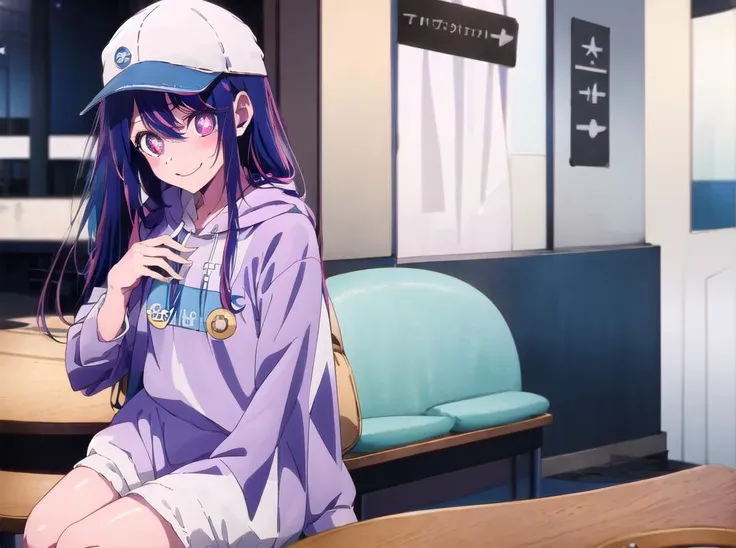 ((1girl)),(((blue baseball cap))), ((solo)), purple hair, long hair, holding, cup, smile, multicolored hair,purple eyes, grey, (((white hoodie))), +_+, sitting, upper body, long sleeves, bangs, hood down, (badge on hat), ice cream, looking at viewer, symbol-shaped pupils, looking at viewer,,details eyes,(((indoors, cafe))),((Directly facing the audience)),absurdres, ((cowboy shot))  <lora:ai_hoshino_v2.5:1>