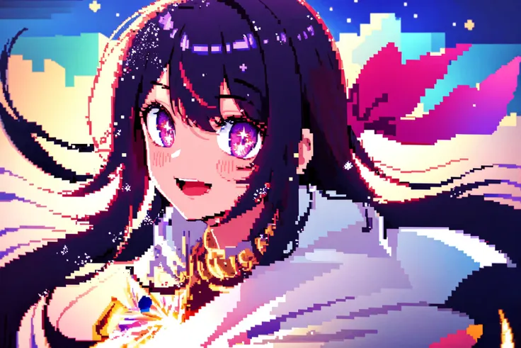 (pixelart, pixelated:1.6), BREAK (SLE:1.2)<lora:ai_hoshino_v2.5-very-hard:0.5>, ai hoshino, long hair, blush, bangs, purple eyes, bow, parted lips, black hair, ahoge, hair bow, multiple pink bows, ((masterpiece, best quality)), full body, starry eyes, white cloak with line printed gold, white shirt, white pants, BREAK Yellow streaks BREAK (cinematic light:1.1),best quality,masterpiece, an extremely delicate and beautiful, extremely detailed, finely detailed, detailed face, detailed eyes, beautiful detailed eyes, (soft focus:1.2), ((upper body, from front,), an extremely delicate and beautiful), BREAK High contrast, looking at viewer, floating hair, starry, strry light,colorful, cloud, white, blue, red, yellow,green, blue,purple,orange,,starry, sky,colorful,halftone ,light_particles, (extremely detailed CG unity 8k wallpaper, masterpiece, best quality, ultra-detailed, best shadow), BREAK 1girl solo, outdoors, flashlight, clear sky, sunset, clouds, (smile:1.1), open mouth