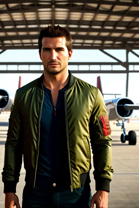 RAW photo, nathandrake man wearing a bomber jacket standing in front of an airplane hanger <lora:NathanDrake:1>, (high detailed skin:1.2), 8k uhd, dslr, soft lighting, high quality, film grain, Fujifilm XT3