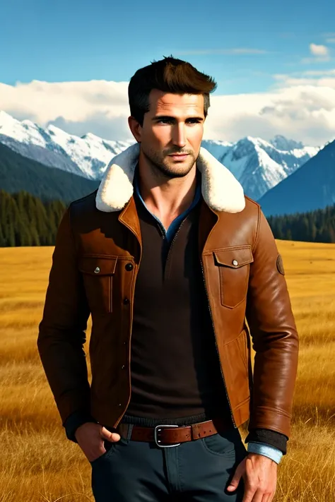 RAW photo, nathandrake man, wearing a sheepskin jacket standing in an alpine meadow, mountains in the background <lora:NathanDrake:1>, (high detailed skin:1.2), 8k uhd, dslr, soft lighting, high quality, film grain, Fujifilm XT3