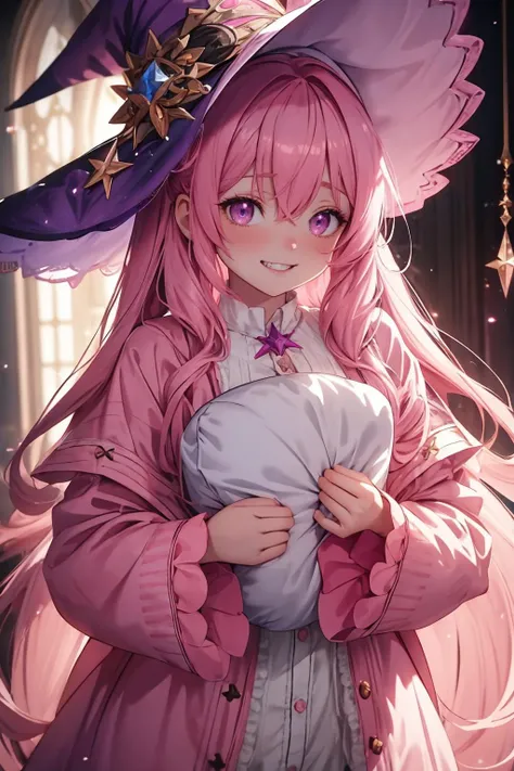 1girl, pink hair, wide open eyes, grin, upper teeth, pajamas, <lora:wrenchwitchiness:1> wrenchwitchiness, holding a pillow,