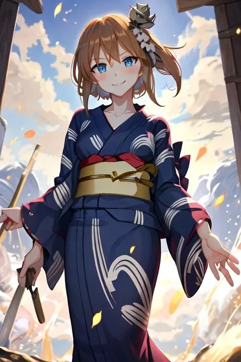 best quality, masterpiece, highres, solo, {yukata:1.40}, {kimono:1.20}, {repulse_azurlane:1.15}, blue_eyes, brown_hair, blush, breasts, smile, hair_between_eyes, bangs, short_hair, braid, collarbone, halterneck, medium_breasts