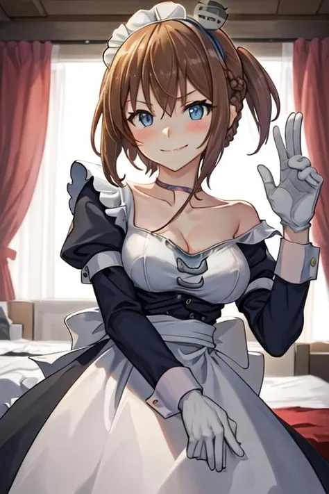 best quality, masterpiece, highres, solo, {maid:1.40}, {long maid dress:1.15}, {repulse_azurlane:1.15}, blue_eyes, brown_hair, blush, breasts, smile, hair_between_eyes, bangs, short_hair, braid, collarbone, halterneck, medium_breasts