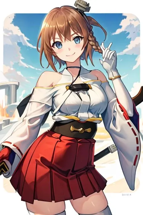 best quality, masterpiece, highres, solo, {white kimono:1.35}, {red hakama:1.35}, {wide sleeves:1.20}, {repulse_azurlane:1.15}, blue_eyes, brown_hair, blush, breasts, smile, hair_between_eyes, bangs, short_hair, braid, collarbone, halterneck, medium_breasts