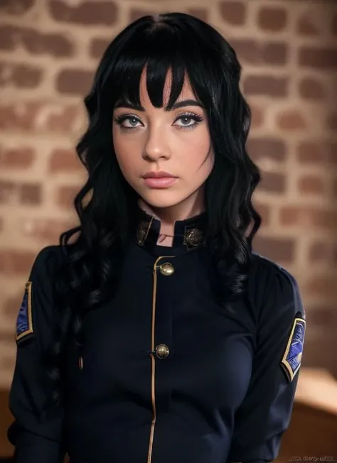 (gothcharlotte) (dark hair) (blue eyes) woman (cinematic) (masterpiece) (face detailed) (uniform) <lora:CHARLOTTE:1>