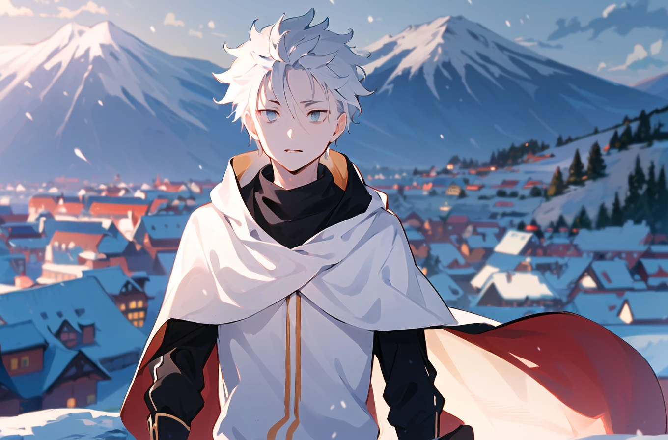 (best quality, masterpiece, ultra detailed), 1boy, Greed, white_hair, heterochromia, yellow_eyes, grey_eyes, cloak , <lora:natsukiSubaruIFNatsumi_v10:1>, (bestcar), (dynamic pose), (Scenery:1.4), (depth of field), village, snow