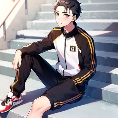 <lora:NatsukiSubaru:0.8>,BestCar, 1boy, solo, tracksuit, sitting on staircase