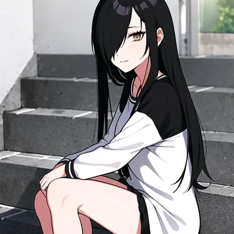 <lora:NatsukiSubaru:0.8>,BestCar, Natsumi, 1girl, black_hair, brown_eyes, solo, hair over one eye, long hair, sitting on staircase