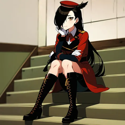 <lora:NatsukiSubaru:0.8>,BestCar, Natsumi, 1girl, black_hair, brown_eyes, solo, hat, gloves, hair over one eye, boots, long hair, sitting on staircase