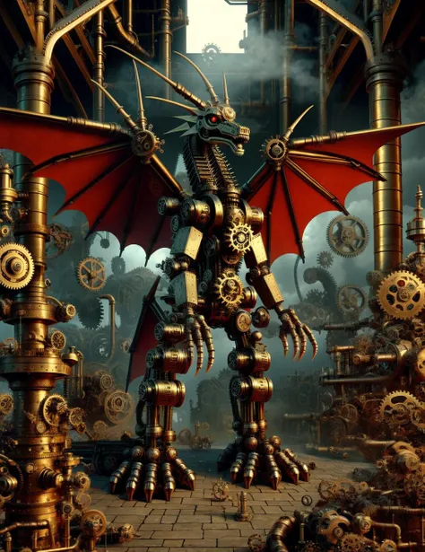 a steampunk samurai in steam-powered armor fighting a mechanical dragon, industrial landscape, gears, machinery, best quality, 8k, hyperdetailed, highly detailed, intricate, cinematic, dramatic lighting, moody colors, vibrant colors, golden hour, volumetric lighting, cinematic composition, epic, masterpiece