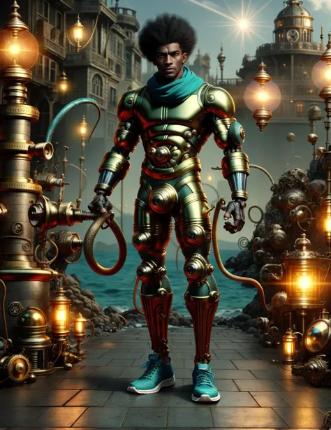 DonMSt34mP male eighteen agile, afro-caribbean, turquoise eyes, narrow nose, receding chin with cleft, chiseled jaw, sculpted quadriceps, scars, grey curly hair hair, frown wearing Tanga Briefs, cobalt blue green shade snake scale pattern Sheer Tops, high-top sneakers, headscarf, , leg cross, crossing one leg over the other, evoking a sense of elegance and intrigue, lens flares, dreamy flares adding a whimsical and romantic touch to the visuals, a sunny beach, with families building sandcastles and enjoying the ocean, distribution centers, asphalt shingles roof, bonfires,bioluminescent jellyfish, cove lighting, steampunk <lora:DonMSt34mP:0.8>
