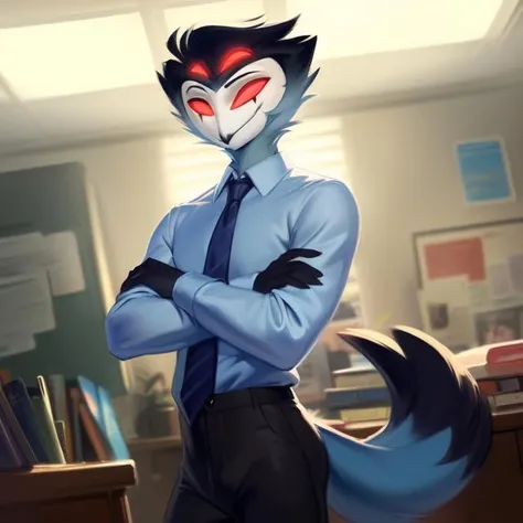 by zackary911,by chunie,(by meesh:1.2),by kiyosan,by sigma , ((masterpiece)), ((8k quality)), (no watermark), <lora:stolas:0.9> stolas, male, mouth closed, detailed office background, standing, crossed arms, (solo:1.4), clothing,