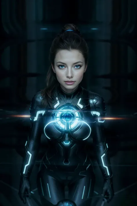 best quality, masterpiece, <lora:j3ss1c4b:0.74> j3ss1c4b, brown hair, ponytail, blue eyes, Style-GravityMagic, (full body:0.6)}, looking up, detailed background, detailed face, (<lora:tr0nl3g4cy:1> tr0nl3g4cy), space engineer, specialist, confident, gloves, , cybernetic enhancements, glowing equipment, diagnostics, scanner probe, control room in background, lens flare, cinematic atmosphere, , <lora:detail_slider_v4:2.4>