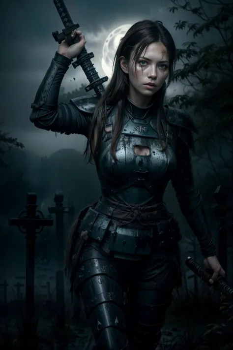 Horror-themed, full body shot, wide angle, <lora:samurai style SD1.5:1.2>an epic cinematic photo of (<lora:j3ss1c4b:0.74> j3ss1c4b, brown hair, blue eyes) in legendary armor with perfect hands female samurai style, mud,action shot, Eerie, unsettling, dark, spooky, suspenseful, grim, highly detailed, night, moonlight, fog filled cemetery,