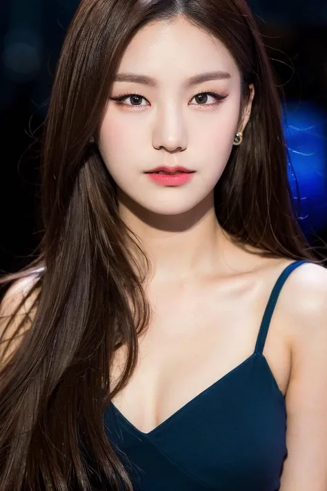 25 years old woman, bokeh, (photorealistic:1.4, realistic), highly detailed CG unified 8K wallpapers, 1girl, ((slender body:0.8)), ((large breasts:0.8)), looking at viewer, (HQ skin:1.4), 8k uhd, dslr, soft lighting, high quality, film grain, Fujifilm XT3, ((close up shot:1.2)), ((blue dress)), (((simple background, black background))), <lora:itzy-yeji-V1:0.750> ((brown hair)) (((eye makeup)))