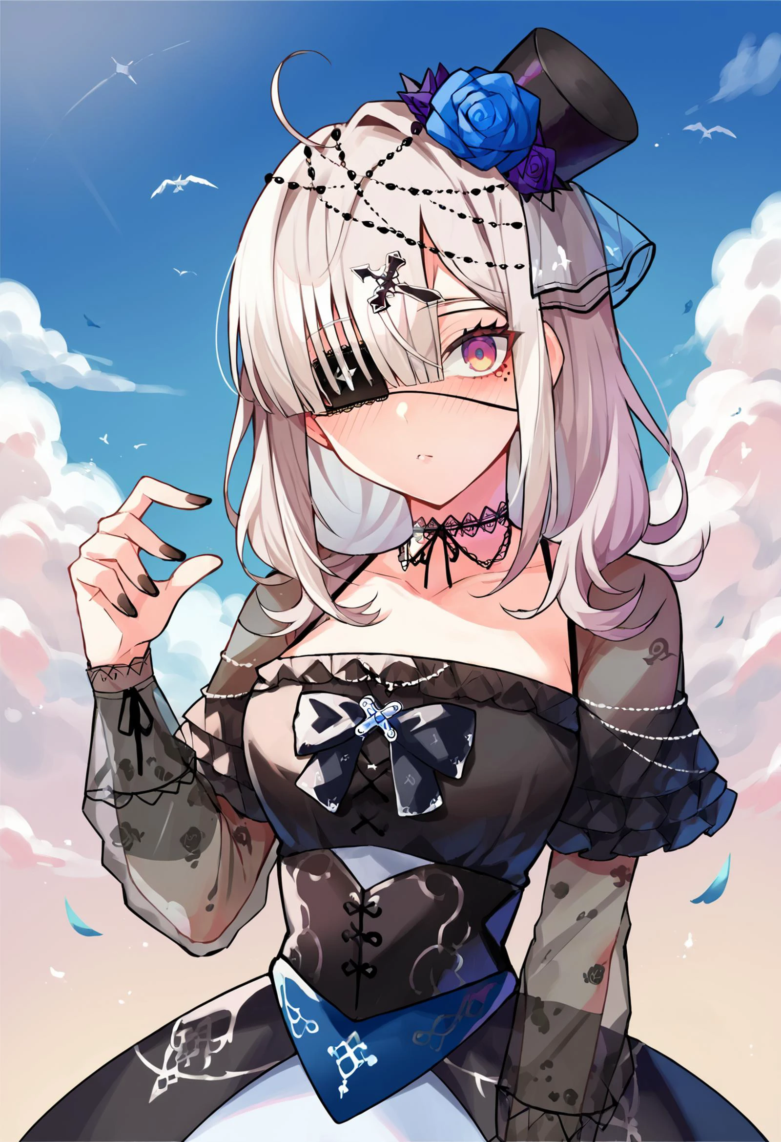 score_9, score_8_up, score_7_up, uncensored, source_anime, 1girl, <lora:spsukoyaKanaXLPony-000003:1> sukoya2nd, mole under eye, x hair ornament, black choker, black nails, hair flower, blue rose, eyepatch, mini top hat, see-through, black dress, victorian gothic, frills, frilled dress, :/, looking at viewer, solo, blue sky, cloud, scenery, sky, envious