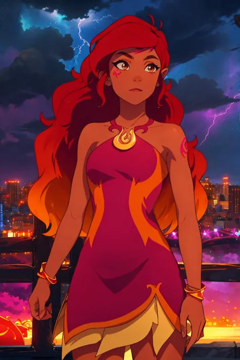((thoughtful)),1girl, solo, masterpiece, best quality,<lora:Char_lese-AzariFiredancer:0.75> azarifiredancer, dark skin, red hair, brown eyes, tattoos, gradient hair,with a thunderstorm looming in the background, dazzling city skyline at twilight, (<lora:Tweak_Detail25:0.8>, Tweak_PrettyEyes:0.8 <lora:Tweak_Colorful-V2:0.7>),